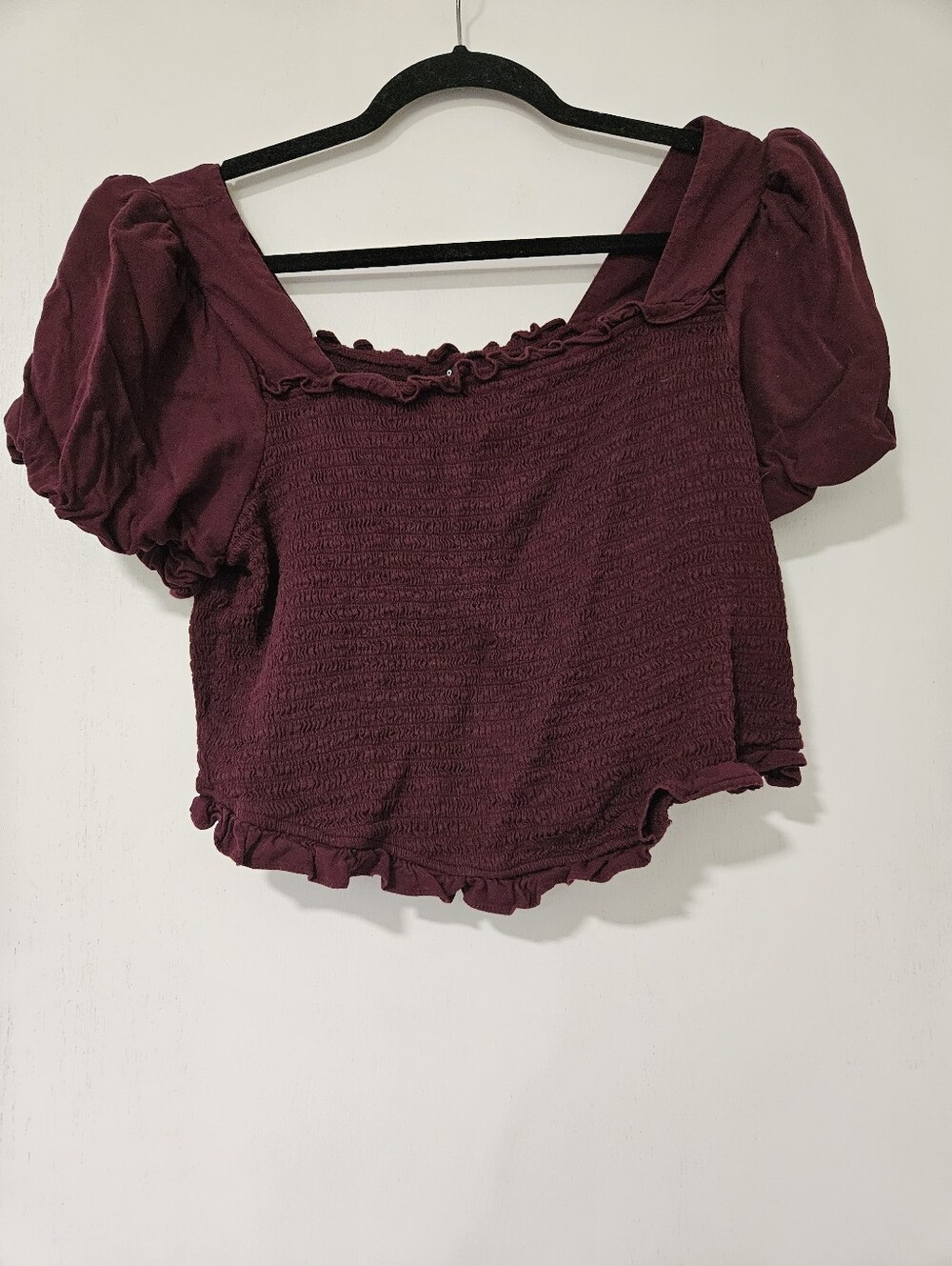 Torrid Burgundy Smocked Puff Sleeve Top Size 2 Plus High Low Crop Boho